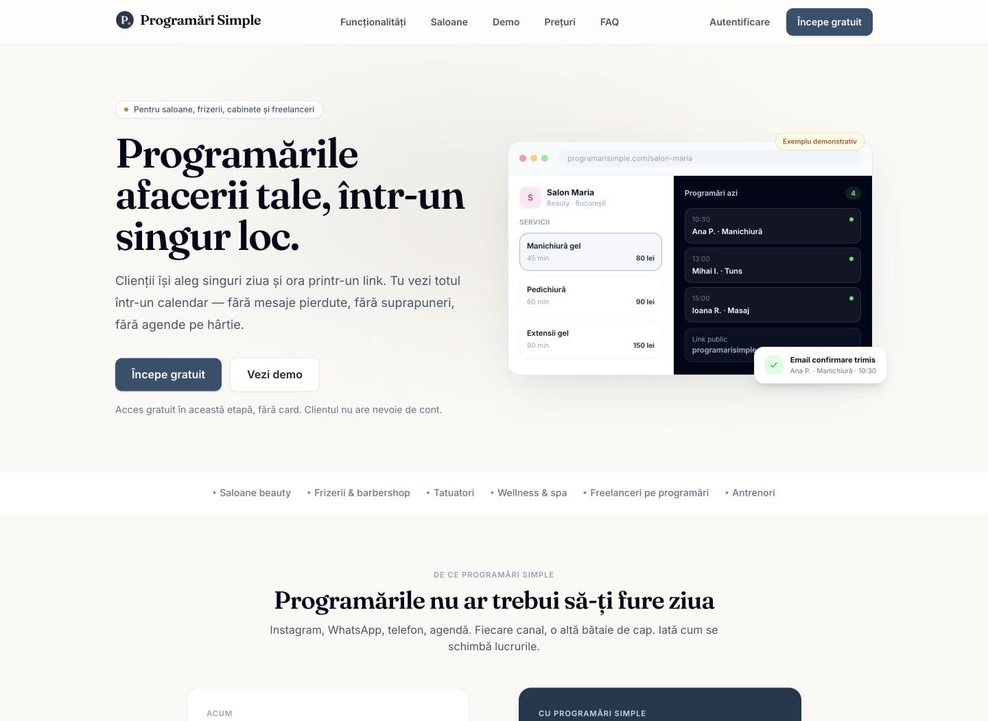 Programări Simple booking product homepage and dashboard